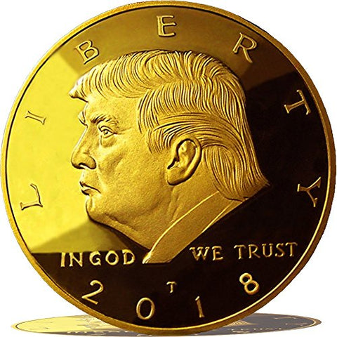 Image of 2018 Donald Trump Replica Gold Piece, 45th Presidential Edition 24kt Gold Plated Coin, Each Coin Comes With Gift Box, Certificate Of Authenticity, Display Case & Stand.