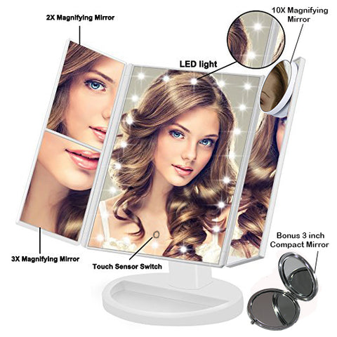 Image of Trifold Vanity Mirror - 22 LED Countertop or Portable Travel Cosmetic Lighted Makeup Mirror w/ On Off and Brightness Control Touch Screen 1x/2x/3x/10X Magnification - Dual Power Supply