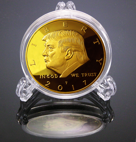 Image of 2017 Donald Trump Replica Gold Piece, 45th Presidential Edition 24kt Gold Plated Coin, Each Coin Comes With Gift Box, Certificate Of Authenticity, Display Case & Stand.