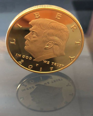 Image of 2017 Donald Trump 45th President, Collectors Edition 24kt Gold Plated Commemorative Replica Novelty Coin, Each Coin Comes With Stand & Display Case (NOT LEGAL TENDER)