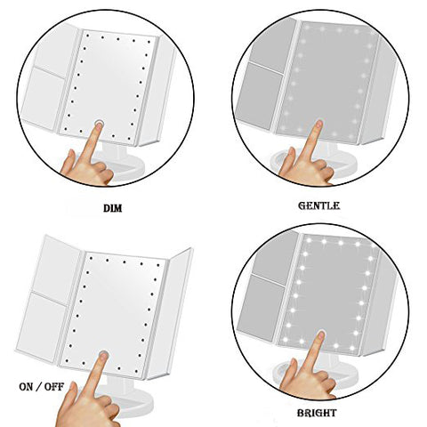 Image of Trifold Vanity Mirror - 22 LED Countertop or Portable Travel Cosmetic Lighted Makeup Mirror w/ On Off and Brightness Control Touch Screen 1x/2x/3x/10X Magnification - Dual Power Supply