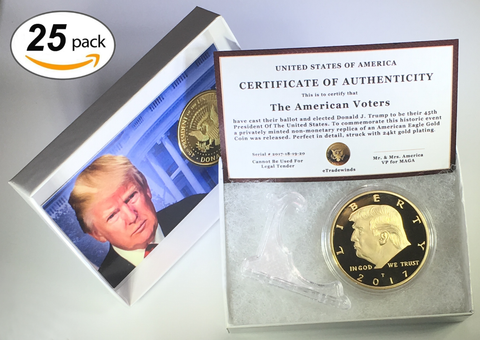 Image of 2017 Donald Trump Replica Gold Piece, 45th Presidential Edition 24kt Gold Plated Coin, Each Coin Comes With Gift Box, Certificate Of Authenticity, Display Case & Stand.