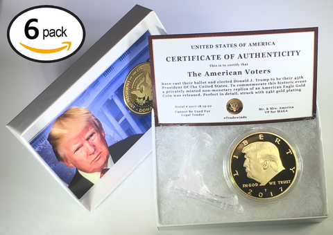Image of 2017 Donald Trump Replica Gold Piece, 45th Presidential Edition 24kt Gold Plated Coin, Each Coin Comes With Gift Box, Certificate Of Authenticity, Display Case & Stand.