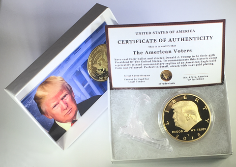 Image of 2018 Donald Trump Replica Gold Piece, 45th Presidential Edition 24kt Gold Plated Coin, Each Coin Comes With Gift Box, Certificate Of Authenticity, Display Case & Stand.