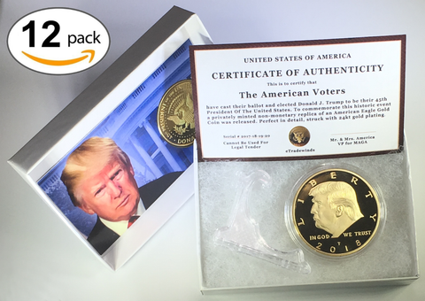Image of 2018 Donald Trump Replica Gold Piece, 45th Presidential Edition 24kt Gold Plated Coin, Each Coin Comes With Gift Box, Certificate Of Authenticity, Display Case & Stand.