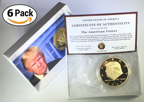Image of 2018 Donald Trump Replica Gold Piece, 45th Presidential Edition 24kt Gold Plated Coin, Each Coin Comes With Gift Box, Certificate Of Authenticity, Display Case & Stand.