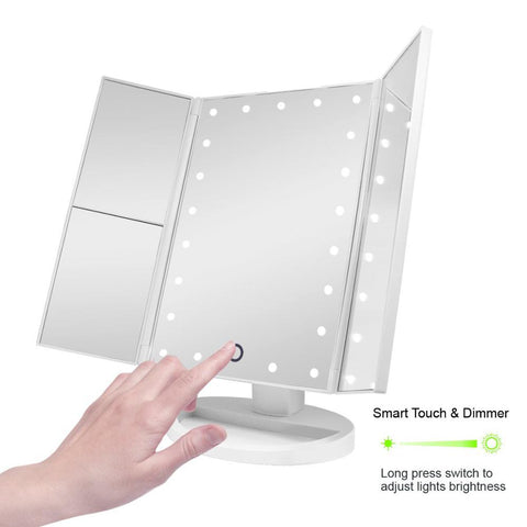 Image of Trifold Vanity Mirror - 22 LED Countertop or Portable Travel Cosmetic Lighted Makeup Mirror w/ On Off and Brightness Control Touch Screen 1x/2x/3x/10X Magnification - Dual Power Supply