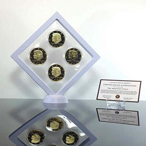 Image of Donald Trump Gold Coin Set, 4 Year Presidential Term Collector’s Edition, Commemorative Gold Plated Replica Coins 2017, 2018, 2019, 2020, Diamond Display Case, Cert. of Authenticity (White 1Pak)