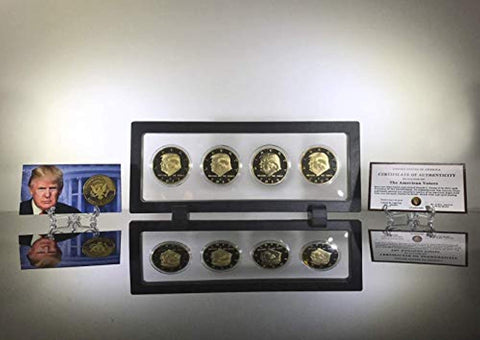 Image of Donald Trump 4 Gold Coin Set, 45th 1st Term Presidential Collector's Edition, Commemorative Gold Plated Replica Coins 2017-2018 - 2019-2020, Rectangle Display Case, Cert of Authenticity (Blk 1Pak)