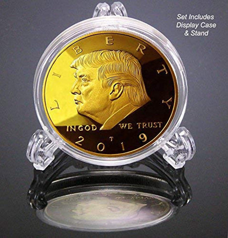 Image of 2019 Donald Trump Replica Gold Pieces, 45th Presidential Edition 24kt Gold Plated Medallion & Display Case eTradewinds (1- Pack 2019)