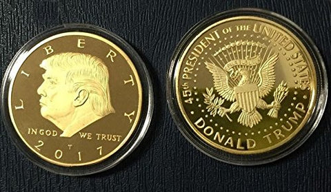 Image of 2017 Donald Trump 45th President, Collectors Edition 24kt Gold Plated Commemorative Replica Novelty Coin, Each Coin Comes With Stand & Display Case (NOT LEGAL TENDER)