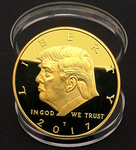 Image of 2017 Donald Trump Replica Gold Piece, 45th Presidential Edition 24kt Gold Plated Coin, Each Coin Comes With Gift Box, Certificate Of Authenticity, Display Case & Stand.