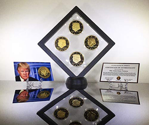 Image of Donald Trump 4 Gold Coin Set, 45th 1st Term Presidential Collector's Edition, Commemorative Gold Plated Replica Coins 2017-2018 - 2019-2020, Diamond Display Case, Cert of Authenticity (Blk 1Pak)