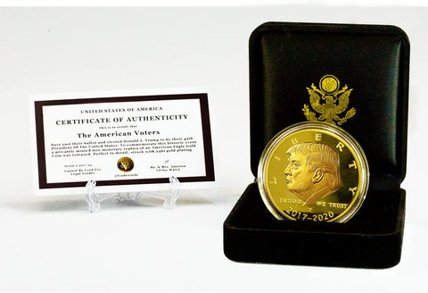 Image of 2017-2020 Donald Trump Velvet Case Gold Coin Set, 4 Year Collector’s Edition, Commemorative Gold Plated Replica Coin Cert of Auth (Velvet 17-20)