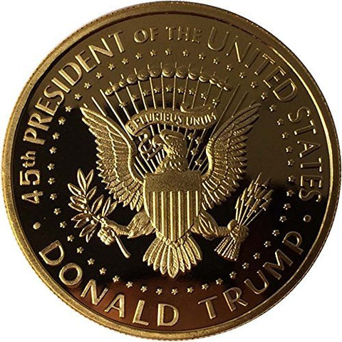 Image of 2017 Donald Trump 45th President, Collectors Edition 24kt Gold Plated Commemorative Replica Novelty Coin, Each Coin Comes With Stand & Display Case (NOT LEGAL TENDER)