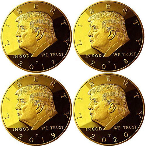 Image of Donald Trump 4 Gold Coin Set, 1st Term Presidential Collector's Edition, Gold Plated Replica Coins 2017-2018 - 2019-2020, Clear Display Stands, Cert. of Authenticity (Clear 1 Pak)