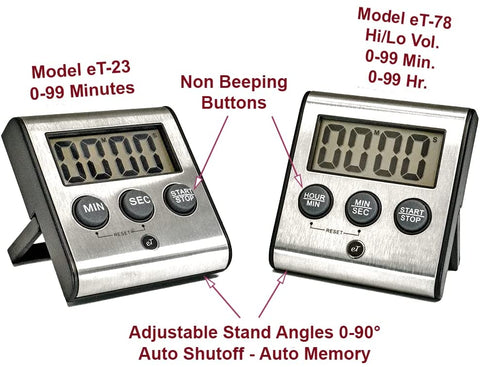 Image of Elegant Digital Kitchen Timer, Stainless Steel Model eT-78, Displays 0-99 Min. or 0-99 Hr, SUPER Strong Magnetic Back, Volume Switch For Soft/Loud Alarm Tone, Auto Shut Off, Auto Memory