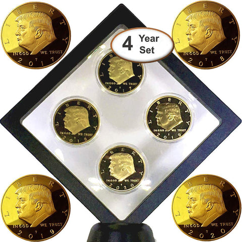 Image of Donald Trump 4 Gold Coin Set, 45th 1st Term Presidential Collector's Edition, Commemorative Gold Plated Replica Coins 2017-2018 - 2019-2020, Diamond Display Case, Cert of Authenticity (Blk 1Pak)