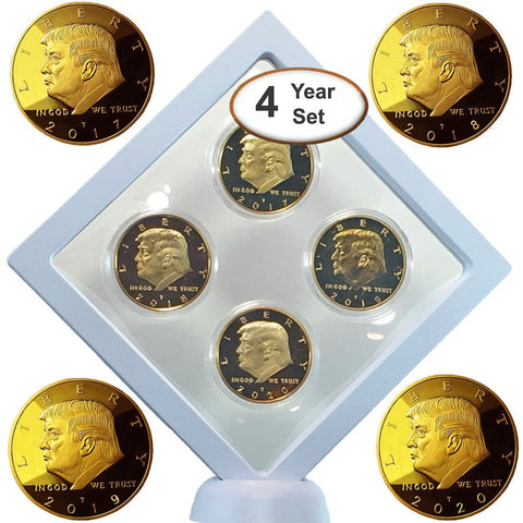 Image of Donald Trump Gold Coin Set, 4 Year Presidential Term Collector’s Edition, Commemorative Gold Plated Replica Coins 2017, 2018, 2019, 2020, Diamond Display Case, Cert. of Authenticity (White 1Pak)