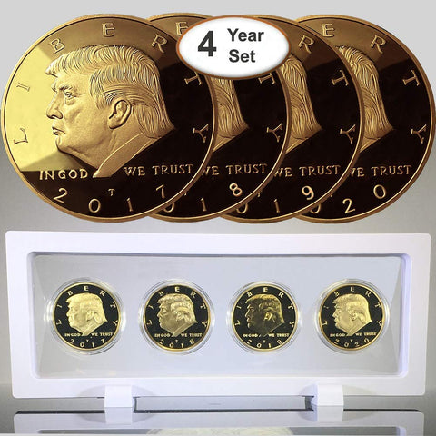 Image of Donald Trump 4 Gold Coin Set, 45th 1st Term Presidential Collector's Edition, Commemorative Gold Plated Replica Coins 2017, 2018, 2019, 2020, Rectangle Display Case, Cert. of Authenticity (White 1Pak)