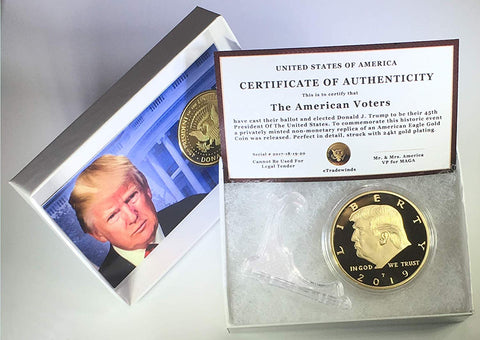 Image of 2019 Donald Trump Replica Gold Piece, 45th Presidential Edition 24kt Gold Plated Commemorative Medallion & Display Case eTradewinds (1-Pack 2019 Gift Box & Certificate)