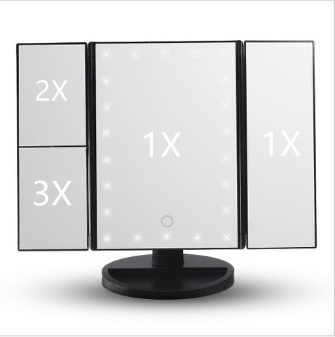 Image of Trifold Vanity Mirror - 22 LED Countertop or Portable Travel Cosmetic Lighted Makeup Mirror w/ On Off and Brightness Control Touch Screen 1x/2x/3x/10X Magnification - Dual Power Supply
