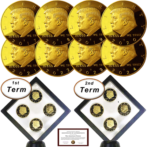 Image of Donald Trump 2 Term 8 Coin Set, 8 Year Collector’s Edition, Gold Plated Replica Coins 2017,18,19,20,21,22,23,24 Diamond Display Case, Cert. of Auth.