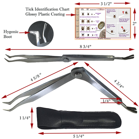 Image of Tick Remover Tick-Off - Hygienic All Stainless Steel Tick Removal Tool With Leather Case. Complete With Tick Removal Instructions & Identification Chart - Patent No. D889,646