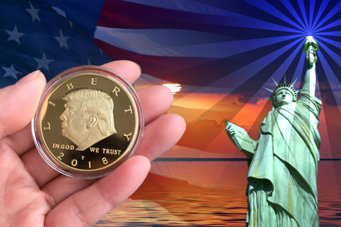 Image of 2018 Donald Trump 45th President, Collectors Edition 24kt Gold Plated Commemorative Replica Novelty Coin, Each Coin Comes With Stand & Display Case (NOT LEGAL TENDER)