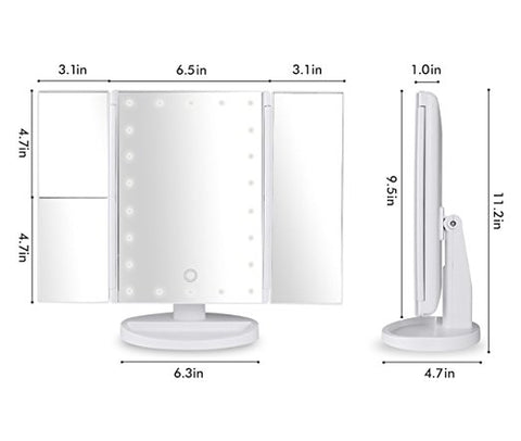 Image of Trifold Vanity Mirror - 22 LED Countertop or Portable Travel Cosmetic Lighted Makeup Mirror w/ On Off and Brightness Control Touch Screen 1x/2x/3x/10X Magnification - Dual Power Supply