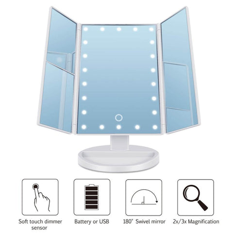 Image of Trifold Vanity Mirror - 22 LED Countertop or Portable Travel Cosmetic Lighted Makeup Mirror w/ On Off and Brightness Control Touch Screen 1x/2x/3x/10X Magnification - Dual Power Supply