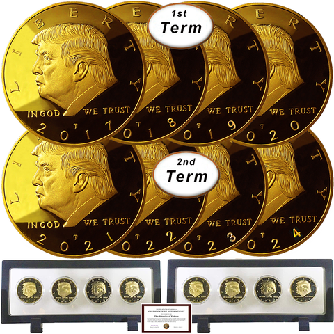 Image of Donald Trump 2 Term 8 Coin Set, 8 Year Collector’s Edition, Gold Plated Replica Coins 2017,18,19,20,21,22,23,24 Rectangle Display Case, Cert. of Auth.