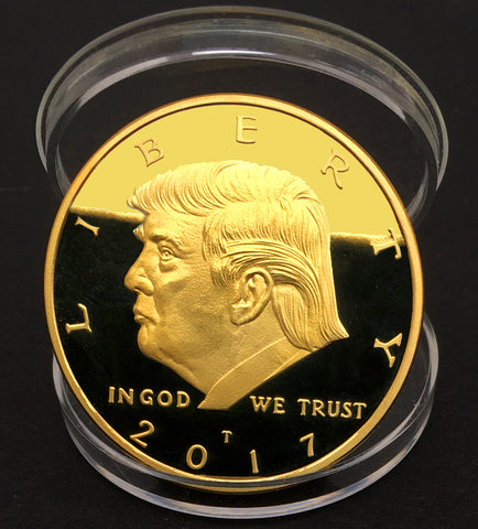 Image of 2017 Donald Trump 45th President, Collectors Edition 24kt Gold Plated Commemorative Replica Novelty Coin, Each Coin Comes With Stand & Display Case (NOT LEGAL TENDER)