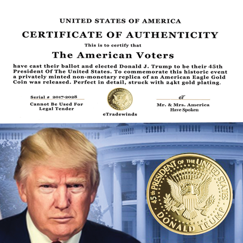 Image of Donald Trump 2 Term 8 Coin Set, 8 Year Collector’s Edition, Gold Plated Replica Coins 2017,18,19,20,25,26,27,28 Rectangle Display Case, Cert. of Auth.
