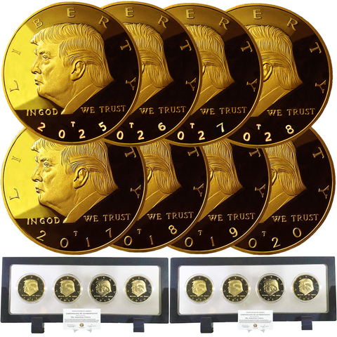 Image of Donald Trump 2 Term 8 Coin Set, 8 Year Collector’s Edition, Gold Plated Replica Coins 2017,18,19,20,25,26,27,28 Rectangle Display Case, Cert. of Auth.
