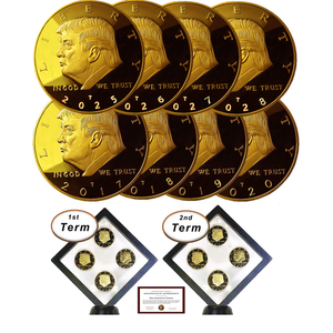 Donald Trump 2 Term 8 Coin Set, 8 Year Collector’s Edition, Gold Plated Replica Coins 2017,18,19,20,25,26,27,28 Diamond Display Case, Cert. of Auth.