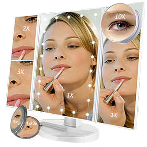 Trifold Vanity Mirror - 22 LED Countertop or Portable Travel Cosmetic Lighted Makeup Mirror w/ On Off and Brightness Control Touch Screen 1x/2x/3x/10X Magnification - Dual Power Supply