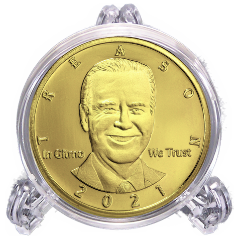 Image of Not My President – Joe “Bribes” Biden - Treason & Impeachment, 24kt Gold Plated Novelty Anti Biden Coin Says it All for The Biden Hater in Your Life (Coin & Stand)
