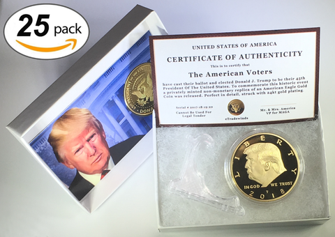Image of 2018 Donald Trump Replica Gold Piece, 45th Presidential Edition 24kt Gold Plated Coin, Each Coin Comes With Gift Box, Certificate Of Authenticity, Display Case & Stand.