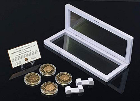 Image of Donald Trump 4 Gold Coin Set, 45th 1st Term Presidential Collector's Edition, Commemorative Gold Plated Replica Coins 2017, 2018, 2019, 2020, Rectangle Display Case, Cert. of Authenticity (White 1Pak)