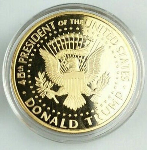 Image of Donald Trump 4 Gold Coin Set, 45th 1st Term Presidential Collector's Edition, Commemorative Gold Plated Replica Coins 2017, 2018, 2019, 2020, Rectangle Display Case, Cert. of Authenticity (White 1Pak)
