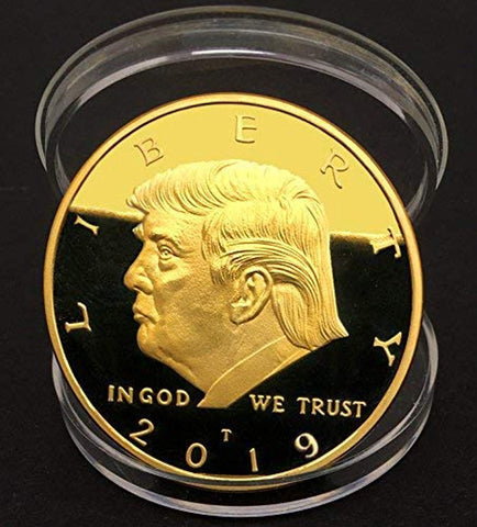Image of 2019 Donald Trump Replica Gold Pieces, 45th Presidential Edition 24kt Gold Plated Medallion & Display Case eTradewinds (1- Pack 2019)
