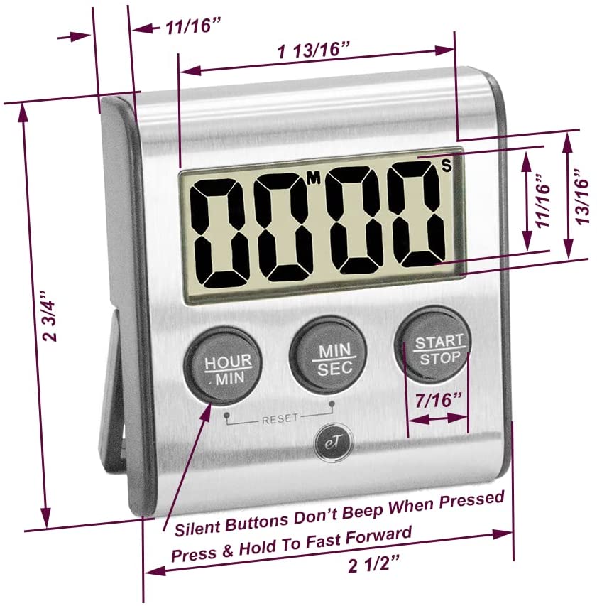 Elegant Digital Kitchen Timer, Stainless Steel Model eT-78, Displays 0-99 Min. or 0-99 Hr, SUPER Strong Magnetic Back, Volume Switch For Soft/Loud Alarm Tone, Auto Shut Off, Auto Memory