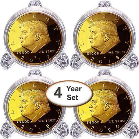 Image of Donald Trump 4 Gold Coin Set, 1st Term Presidential Collector's Edition, Gold Plated Replica Coins 2017-2018 - 2019-2020, Clear Display Stands, Cert. of Authenticity (Clear 1 Pak)