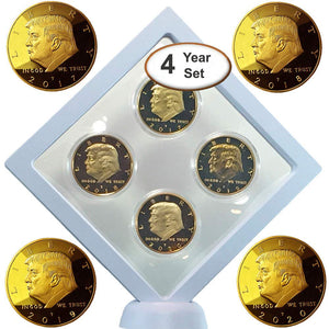 Donald Trump Gold Coin Set, 4 Year Presidential Term Collector’s Edition, Commemorative Gold Plated Replica Coins 2017, 2018, 2019, 2020, Diamond Display Case, Cert. of Authenticity (White 1Pak)