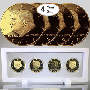 Donald Trump 4 Gold Coin Set, 45th 1st Term Presidential Collector's Edition, Commemorative Gold Plated Replica Coins 2017, 2018, 2019, 2020, Rectangle Display Case, Cert. of Authenticity (White 1Pak)