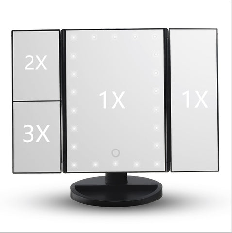 Trifold Vanity Mirror - 22 LED Countertop or Portable Travel Cosmetic Lighted Makeup Mirror w/ On Off and Brightness Control Touch Screen 1x/2x/3x/10X Magnification - Dual Power Supply