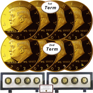 Donald Trump 2 Term 8 Coin Set, 8 Year Collector’s Edition, Gold Plated Replica Coins 2017,18,19,20,21,22,23,24 Rectangle Display Case, Cert. of Auth.