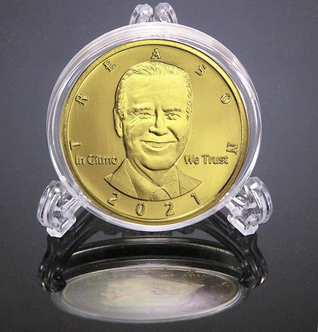 Image of Not My President – Joe “Bribes” Biden - Treason & Impeachment, 24kt Gold Plated Novelty Anti Biden Coin Says it All for The Biden Hater in Your Life (Coin & Stand)